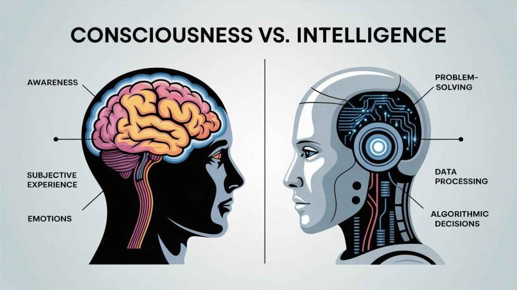 Diagram illustrating the difference between human-like intelligence and AI consciousness