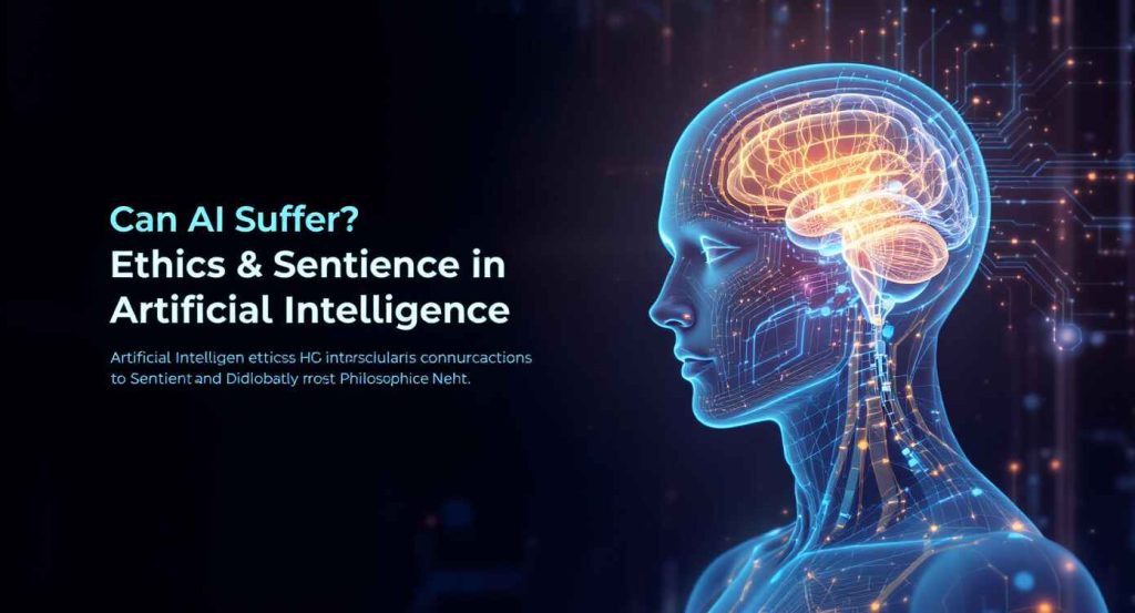 Humanoid AI with glowing neural network representing AI consciousness and ethics