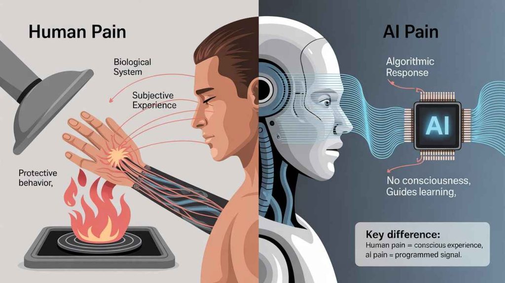 Infographic comparing human biological pain with AI programmed error signals