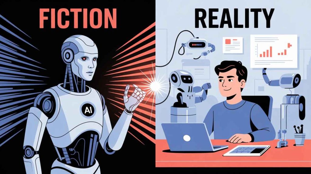 Side-by-side illustration comparing fictional AI like Ex Machina to real-world AI applications