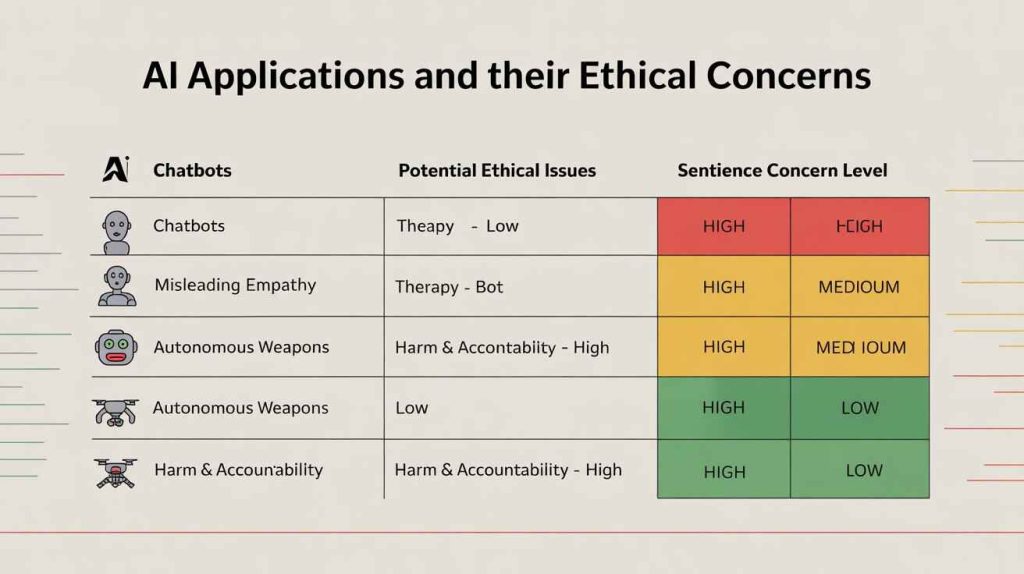 Table showing AI applications, ethical concerns, and sentience risk levels