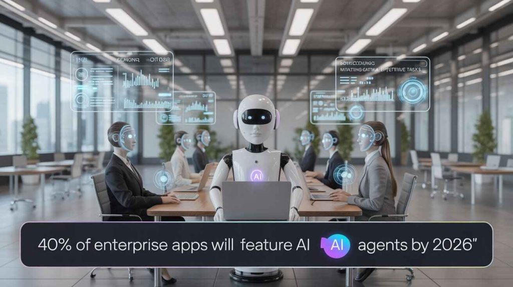 AI agents assisting employees in enterprise applications, highlighting automation and productivity
