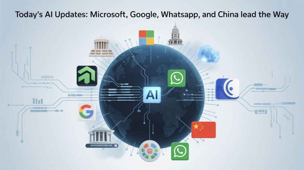 Illustration of global AI updates including Microsoft, Google, WhatsApp, and China